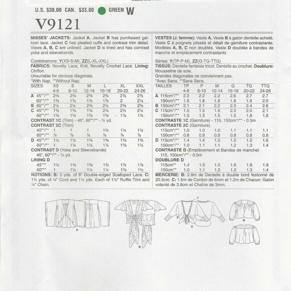 Sewing Pattern Vogue V9121 Elizabeth Gillett Jacket Shrugs Boleros L-XXL16-26 UC - Picture 3 of 10
